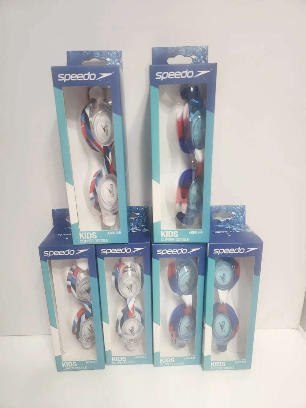 lot of 6 Speedo Kids Clipper Goggles – Blue/Red/White